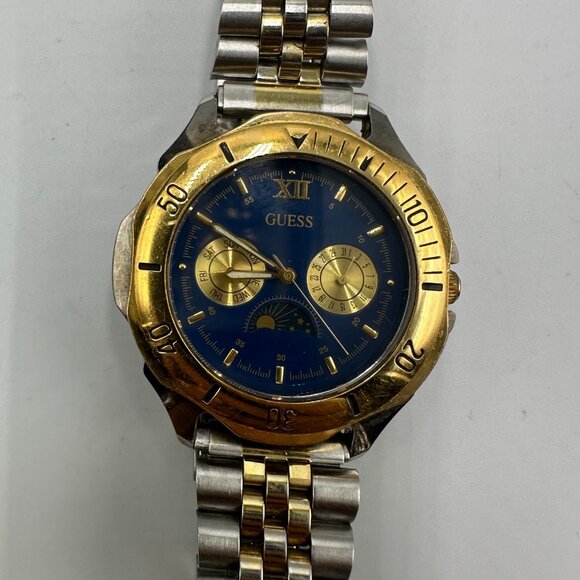 Vintage Guess Moon Phase Watch Men Silver Gold Two-Tone Blue Dial New Battery - Picture 2 of 12